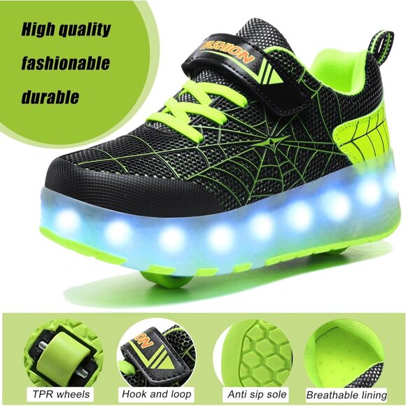Kids Black/green Usb Chargeable Led Light Up Wheeled Skate Sneaker Shoes - Picture 4 of 6